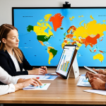 **

Prompt: "A diverse group of business professionals collaborating around a table, reviewing data dashboards with AI-generated insights overlaid on a map of the world. The atmosphere is energetic and focused, with some documents showing Swedish cultural insights and marketing adaptations. Emphasis on cultural sensitivity, technology, and global teamwork."

**