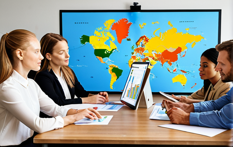 **
Prompt: "A diverse group of business professionals collaborating around a table, reviewing data dashboards with AI-generated insights overlaid on a map of the world. The atmosphere is energetic and focused, with some documents showing Swedish cultural insights and marketing adaptations. Emphasis on cultural sensitivity, technology, and global teamwork."
**